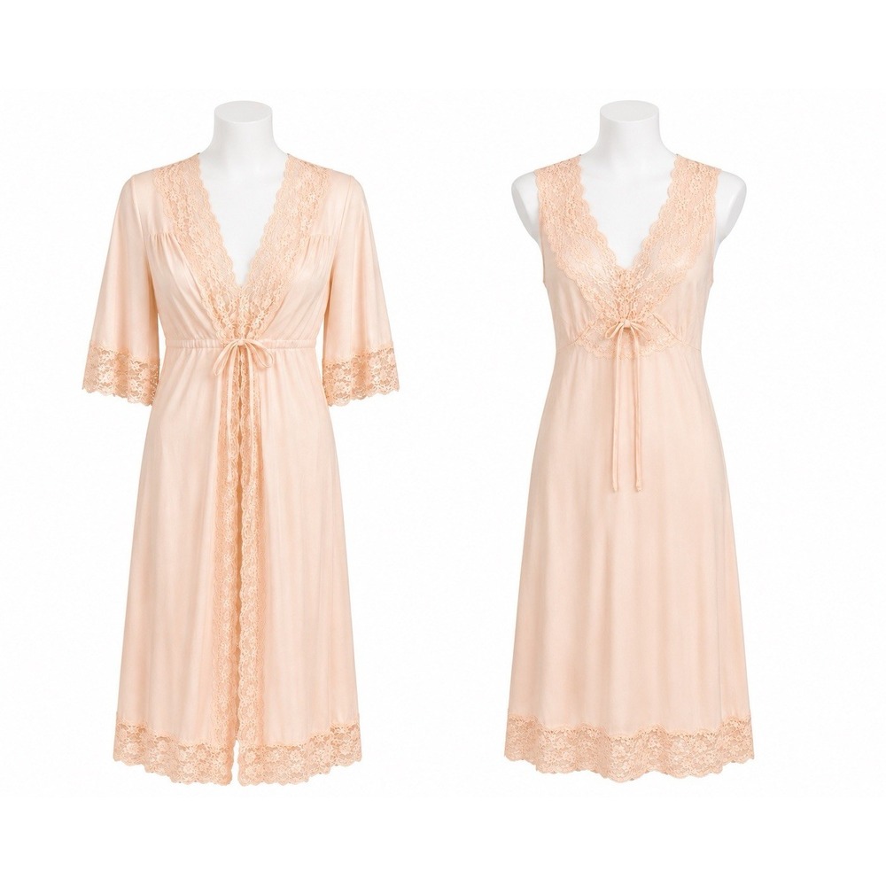 Vintage Shadowline Blush Pink Lace Trimmed Lingerie Gown Robe Peignoir Set S